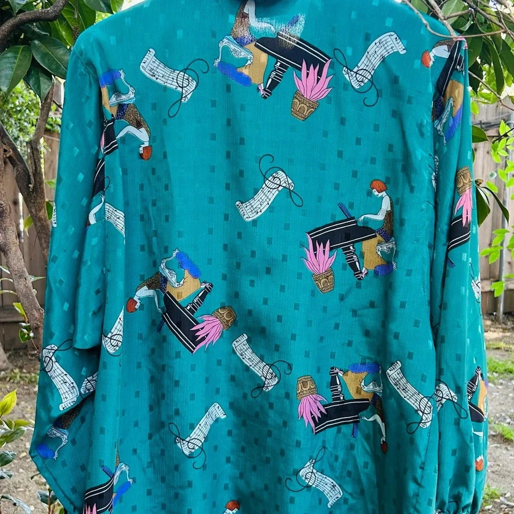 VINTAGE 80s Diane Von Furstenberg DVF Piano Player Art Deco Blouse Teal M - Picture 5 of 7